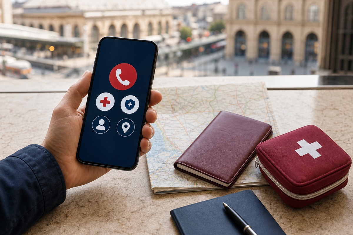 Telefon, Karte und Erste-Hilfe-Set für Notfälle auf Reisen